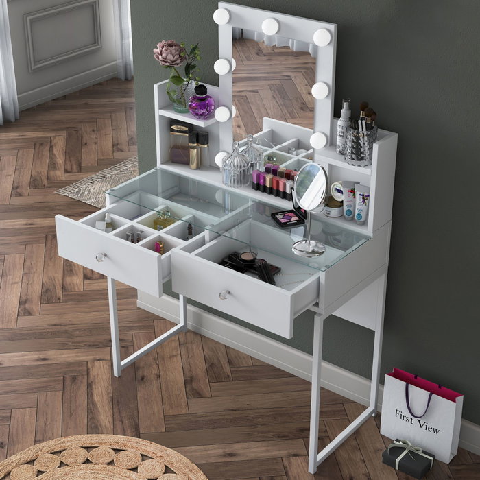 Hanah Home Mesa de Maquillaje con 9 Focos en Blanco